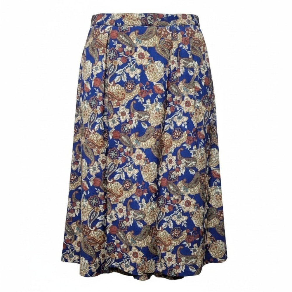 VTG Koret Midi Skirt Women 16 Blue Brown Paisley Pleated Bohemian Boho Folk Fall